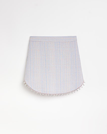 Girls Blue diamante trim check boucle Skirt