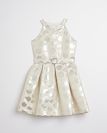 Girls cream spot belted dress