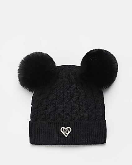 Mini girls Black Double Pom Pom Beanie Hat