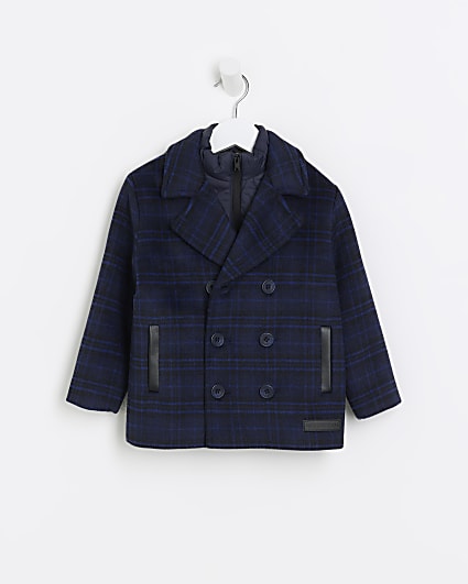 Mini boys navy check coat