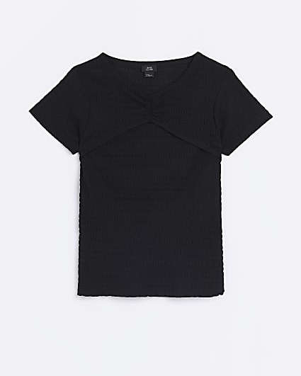 Girls Black Cutout Textured T-shirt