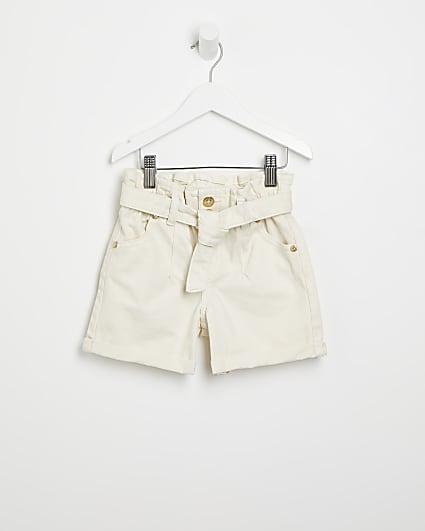 Mini girls Cream paperbag belted shorts