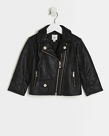 Mini girls black faux leather biker jacket