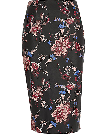 Black faux leather floral print pencil skirt