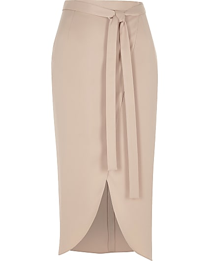 Light pink satin wrap midi skirt