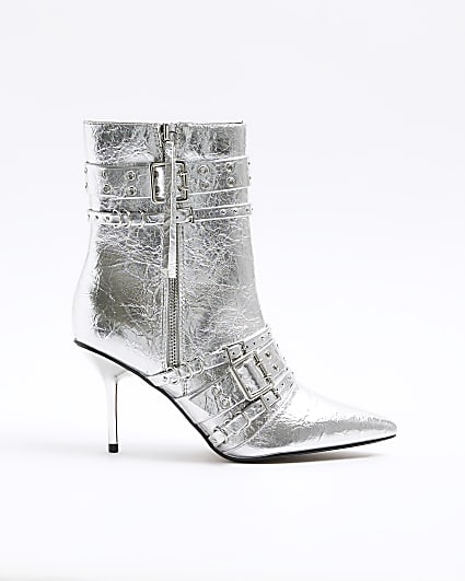 Silver buckle heeled ankle boots