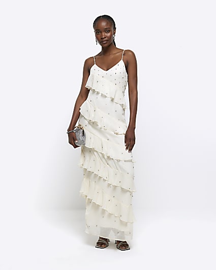 Cream diamante frill slip maxi dress