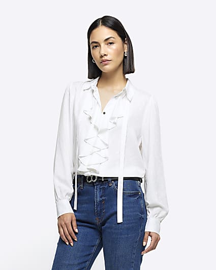 White frill tie neck shirt