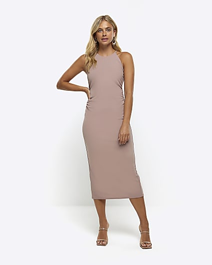 Taupe ruched bodycon midi dress