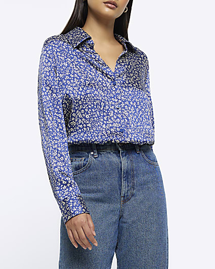 Blue floral satin long sleeve shirt