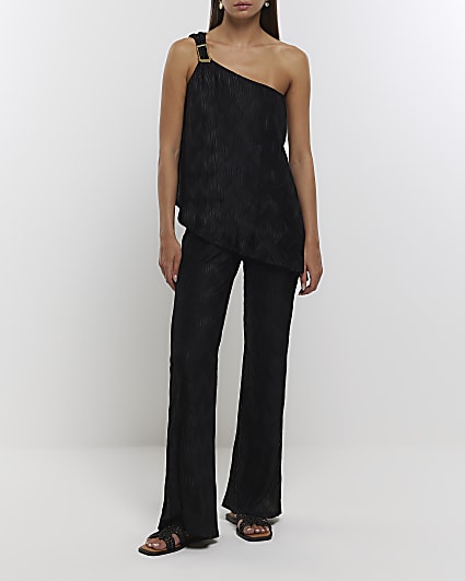 Black plisse flared trousers