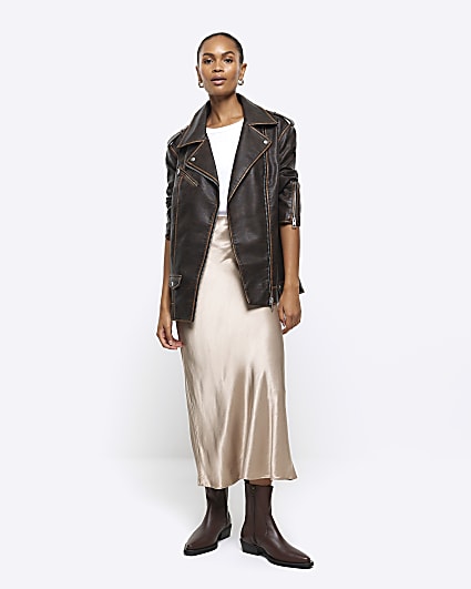 Gold satin midi skirt