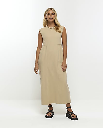 Brown plisse smock midi dress