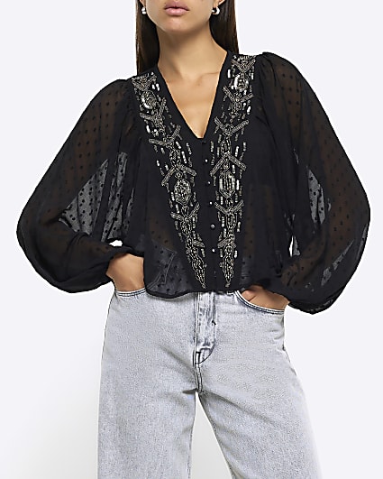 Black embellished batwing top