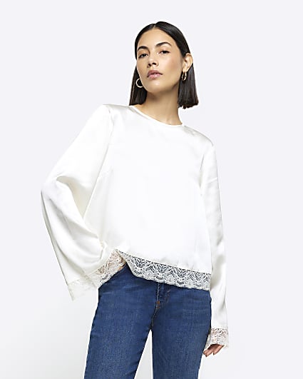 Cream satin lace trim blouse