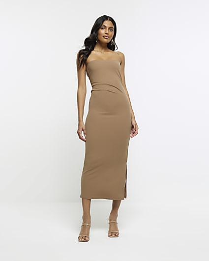 Brown bandeau bodycon midi dress