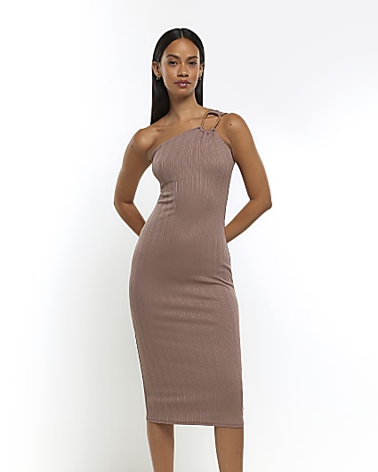 Taupe one shoulder bodycon midi dress