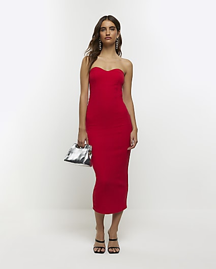 Red bandeau bodycon midi dress