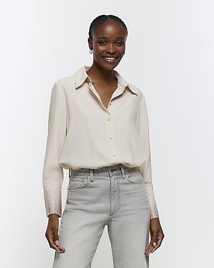 Beige satin diamante cuff shirt