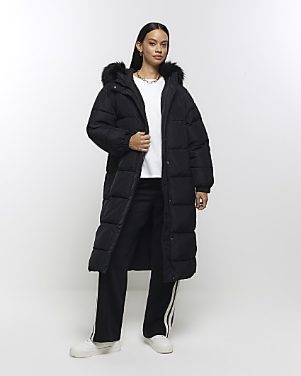 Black hooded longline puffer coat