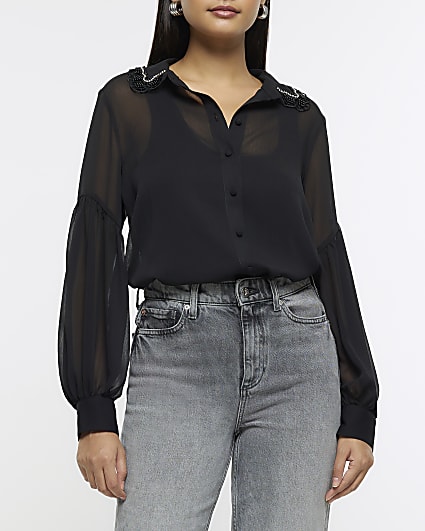 Black chiffon embellished shirt