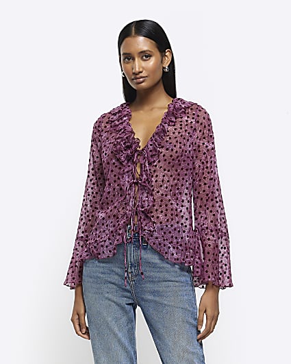 Purple paisley frill tie up blouse