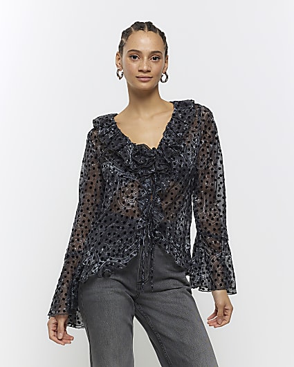 Black chiffon spot frill blouse