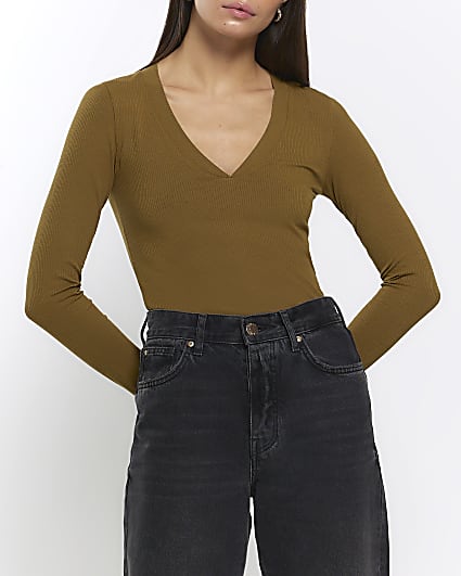 Khaki rib v-neck long sleeve top