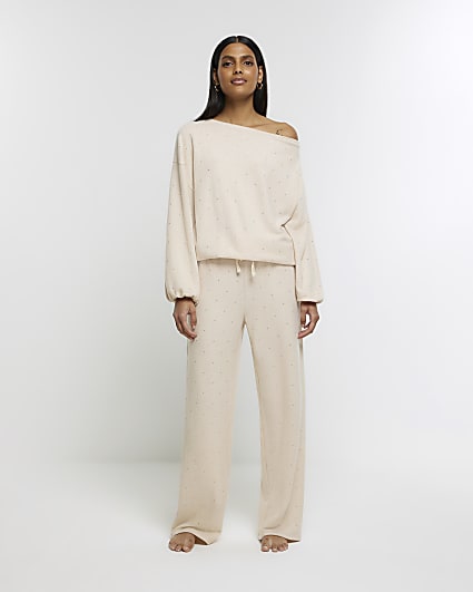 Beige diamante wide leg lounge trousers