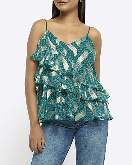 Green Metallic Ruffle Cami Top