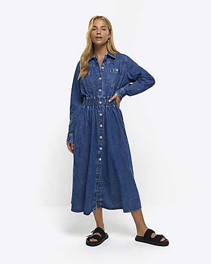 Blue denim shirt midi dress