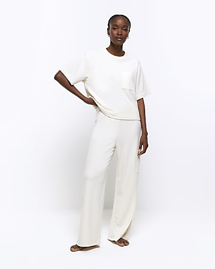 Cream wide leg cargo lounge trousers