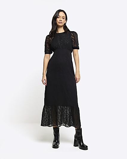 Black jacquard textured midi dress