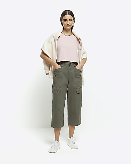 Khaki cargo crop wide leg trousers