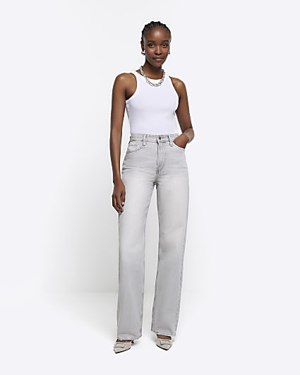 Grey faded high waist relaxed straight jeans