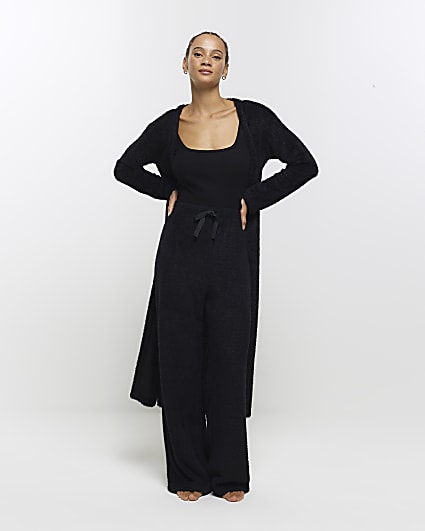 Black faux fur wide leg lounge trousers