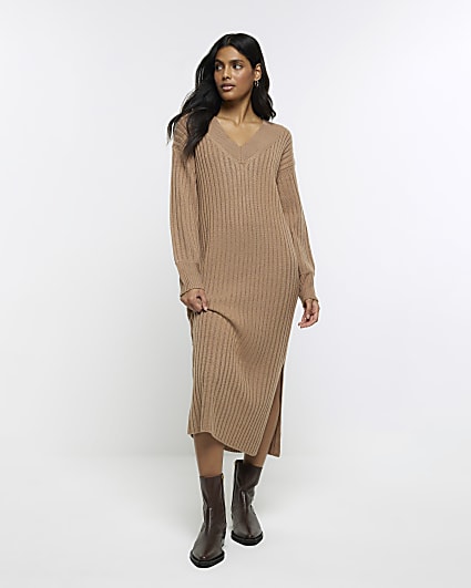 Brown rib jumper maxi dress