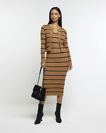 Brown knit stripe bodycon midi dress set