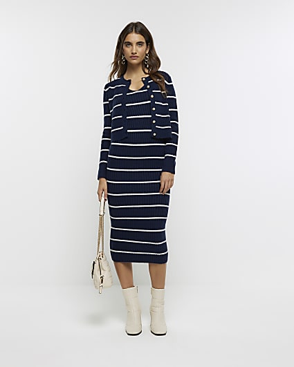 Navy knit stripe bodycon midi dress set