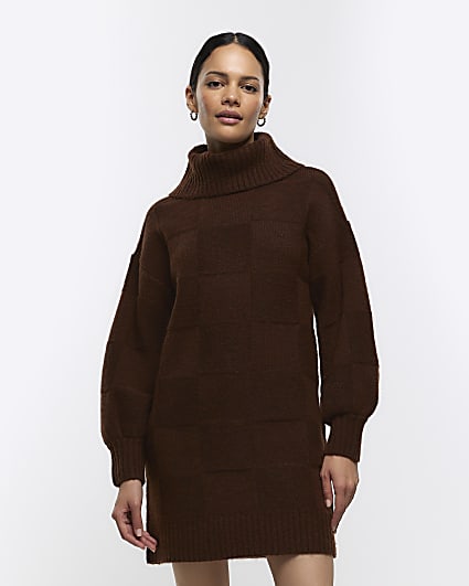 Brown textured roll neck jumper mini dress