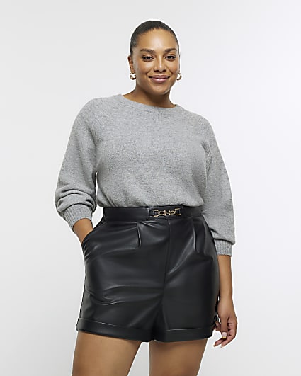 Plus black faux leather shorts