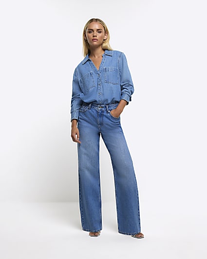 Petite blue high waisted straight leg jeans