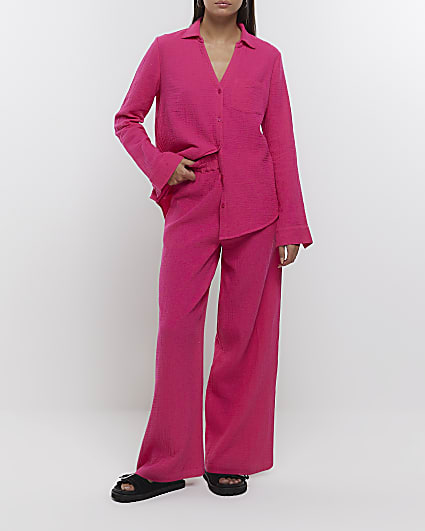 Pink textured wide leg trousers