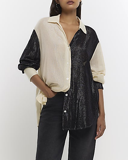 Cream colour block glitter shirt