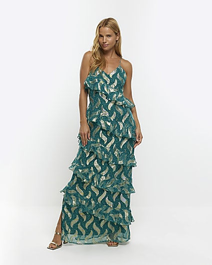 Green metallic print frill maxi dress