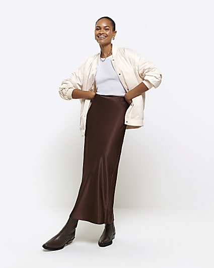 Brown satin midi skirt