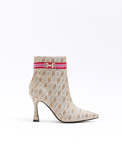 Beige wide fit RI monogram heeled boots