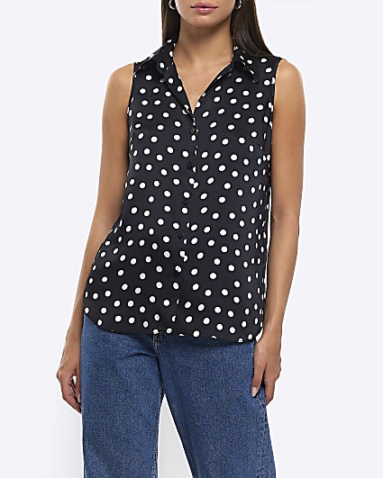 Black spot print satin blouse