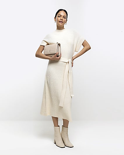 Cream belted high neck jumper midi dress