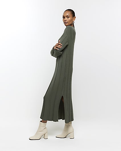 Khaki high neck jumper maxi dress